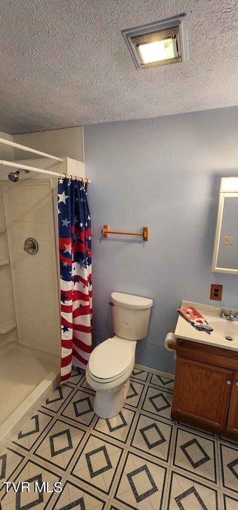 bathroom featuring vanity, toilet, a textured ceiling, and a shower with curtain