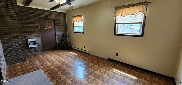 empty room featuring dark parquet flooring, heating unit, beamed ceiling, ceiling fan, and a baseboard heating unit