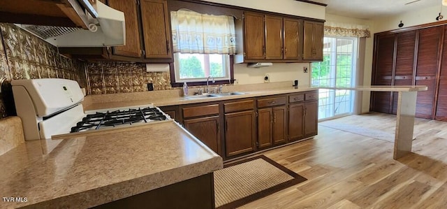 kitchen with white range oven, plenty of natural light, sink, and light wood-type flooring