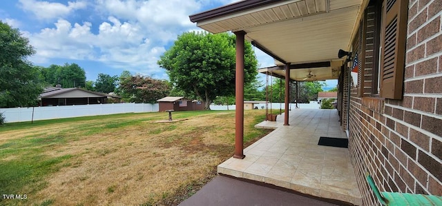 view of yard featuring a shed and a patio area