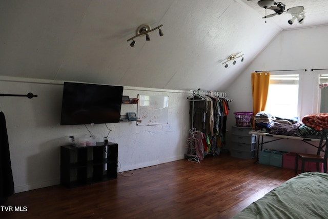 bedroom with lofted ceiling and dark hardwood / wood-style flooring