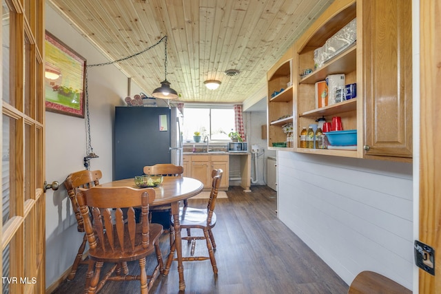 414 Beulah Church Dr, Kingsport, TN 37663 - dining space with dark wood-style flooring and wood ceiling