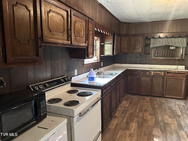 kitchen featuring sink, white electric range, wooden walls, dark brown cabinets, and dark hardwood / wood-style floors