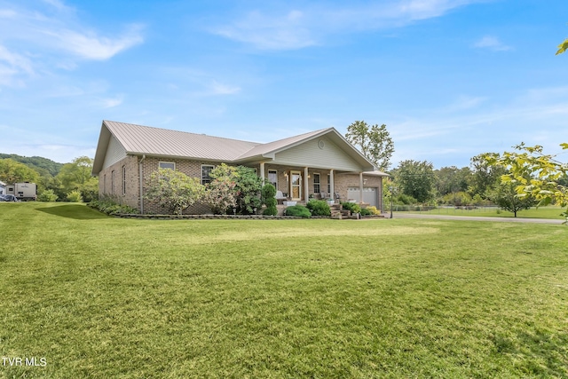 single story home with covered porch and a front lawn