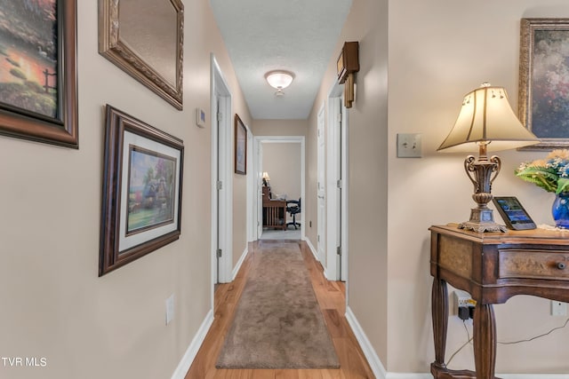 hallway with light wood-type flooring and a textured ceiling