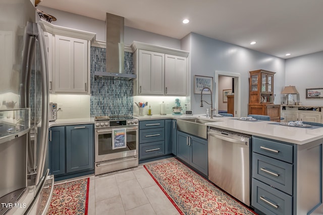 kitchen featuring white cabinets, stainless steel appliances, backsplash, and wall chimney range hood