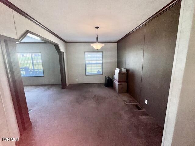 empty room featuring dark carpet, a textured ceiling, and ornamental molding