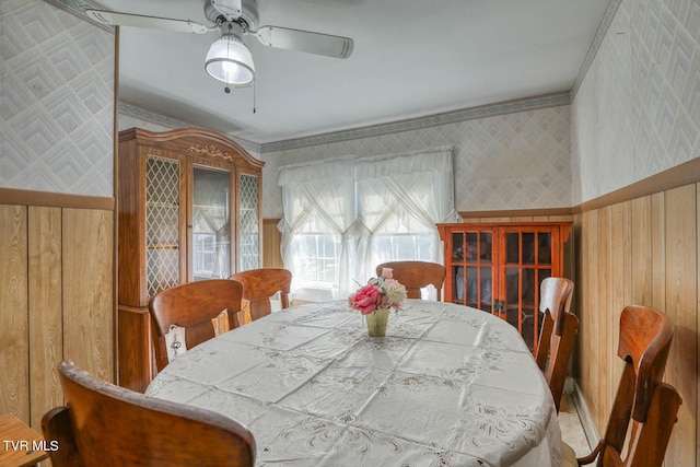 dining space with wooden walls, crown molding, and ceiling fan