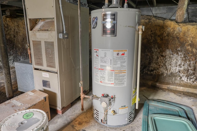 utility room with gas water heater and heating unit