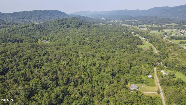 aerial view featuring a wooded view and a mountain view