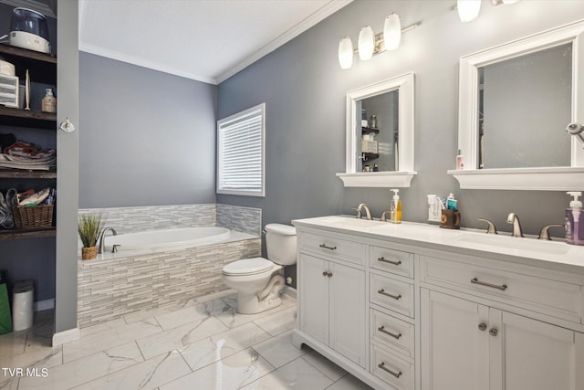 bathroom featuring a bath, marble finish floor, crown molding, and a sink