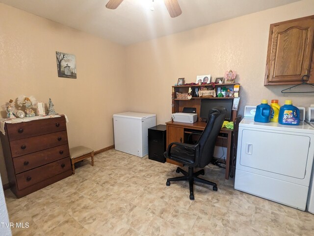 tiled office featuring ceiling fan and independent washer and dryer