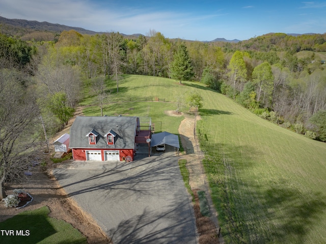 birds eye view of property with a forest view and a mountain view