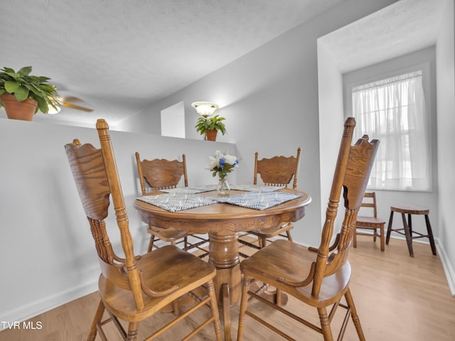 dining room with light wood-style flooring, baseboards, and a textured ceiling