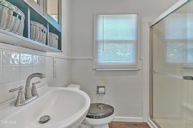 bathroom featuring wood-type flooring, sink, and a shower with shower door