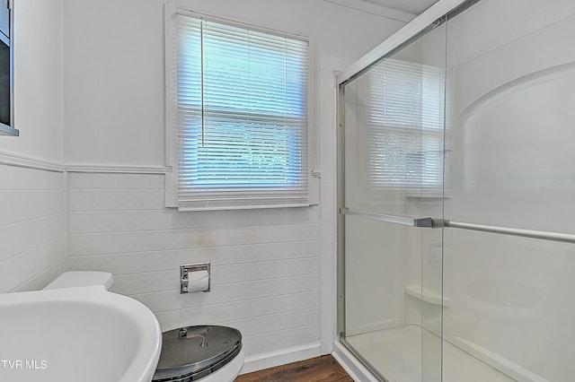 bathroom with walk in shower, wood-type flooring, and sink