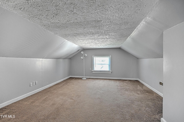 additional living space featuring lofted ceiling, a textured ceiling, and carpet