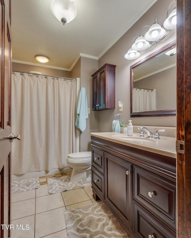 full bathroom featuring toilet, tile patterned floors, vanity, a shower with curtain, and crown molding