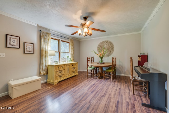 dining space with crown molding, a textured ceiling, ceiling fan, and dark hardwood / wood-style flooring