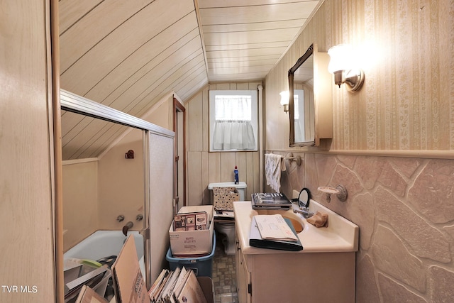 bathroom with vaulted ceiling