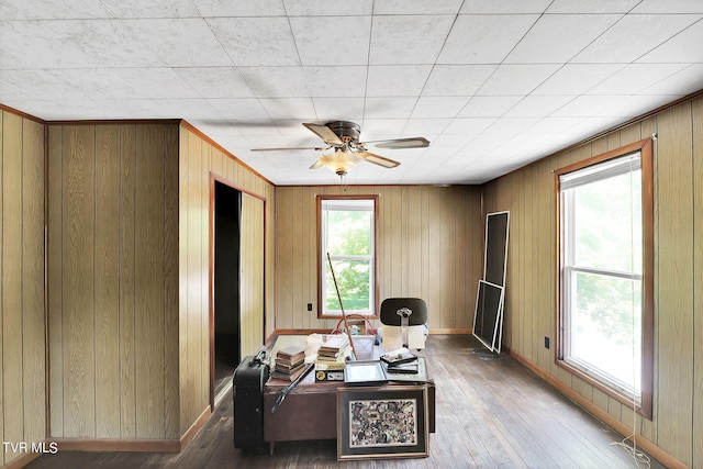 living room with wood-type flooring and ceiling fan