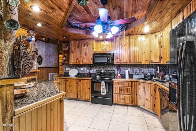 kitchen with black appliances, light tile patterned floors, wood ceiling, and ceiling fan