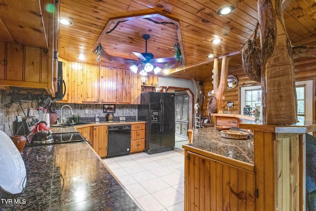 kitchen featuring ceiling fan, black appliances, decorative backsplash, and wood ceiling