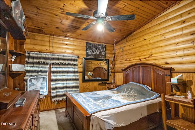 bedroom featuring lofted ceiling, ceiling fan, carpet floors, wooden ceiling, and rustic walls