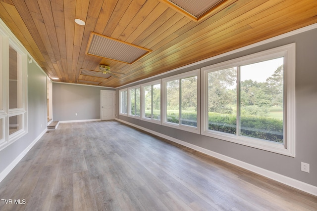 interior space featuring hardwood / wood-style floors, wood ceiling, and ceiling fan