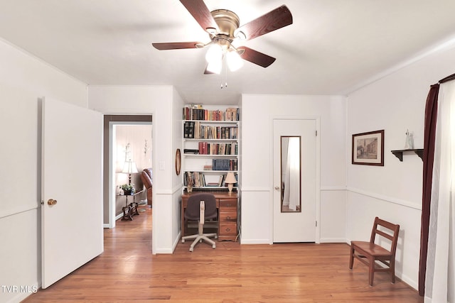 office area featuring ceiling fan and light hardwood / wood-style floors