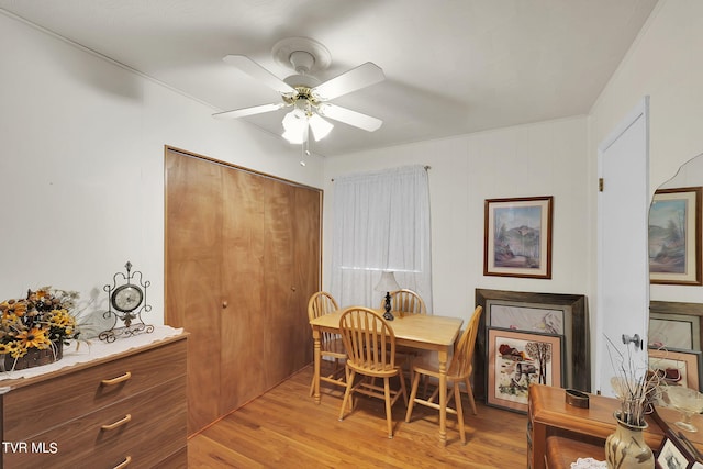 dining space featuring ceiling fan and light hardwood / wood-style floors