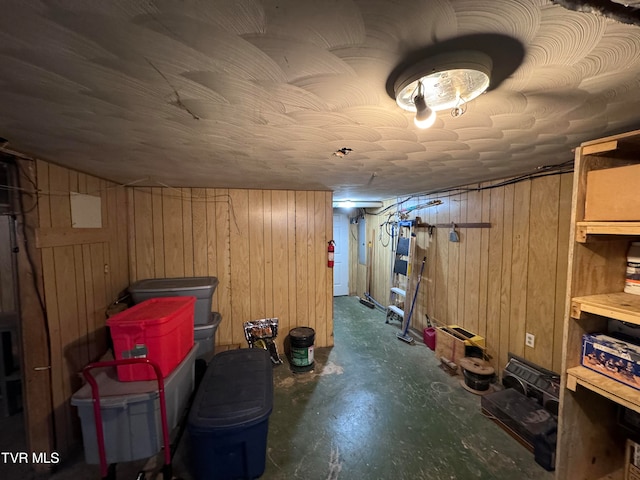 basement featuring wood walls