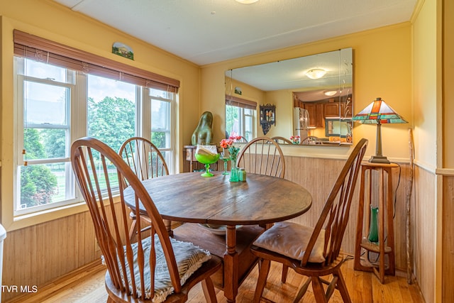 dining room featuring light wood-style flooring, a wainscoted wall, and wooden walls