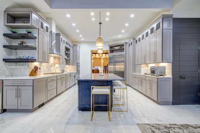 450 Lake Approach, Johnson City, TN 37601 - kitchen with gray cabinets, appliances with stainless steel finishes, marble finish floor, and open shelves