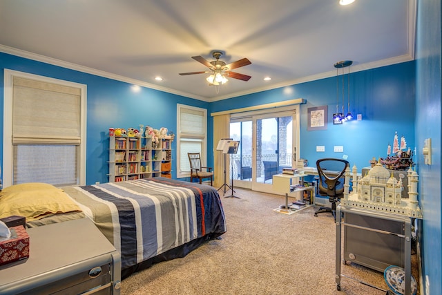450 Lake Approach, Johnson City, TN 37601 - carpeted bedroom featuring access to exterior, recessed lighting, a ceiling fan, and ornamental molding