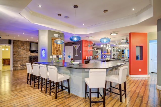 450 Lake Approach, Johnson City, TN 37601 - bar featuring a tray ceiling, a sink, hanging light fixtures, ornamental molding, and light wood-type flooring