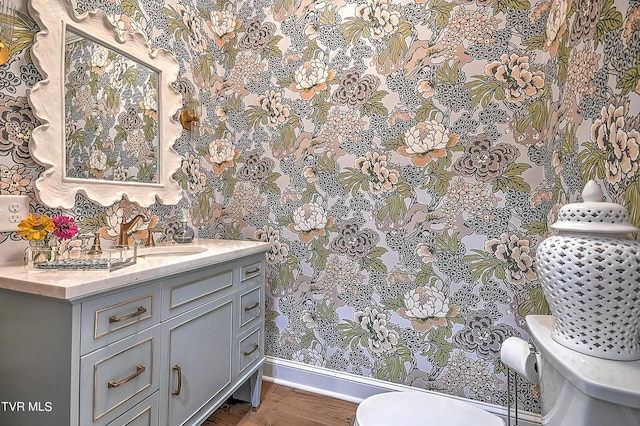 bathroom with hardwood / wood-style flooring, vanity, and toilet