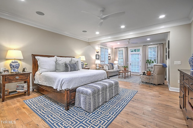 bedroom featuring crown molding, ceiling fan, access to exterior, and light hardwood / wood-style floors