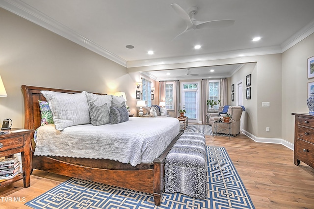 bedroom with crown molding, ceiling fan, access to exterior, and hardwood / wood-style floors