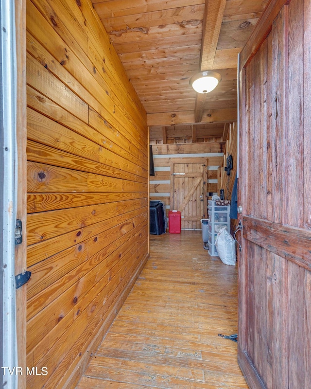 2390 W Allens Bridge Rd, Greeneville, TN 37743 - hall featuring wooden walls, wood ceiling, and hardwood / wood-style flooring