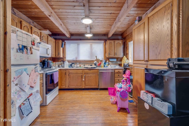 2390 W Allens Bridge Rd, Greeneville, TN 37743 - kitchen with white appliances, wood ceiling, beamed ceiling, light countertops, and light wood-style floors