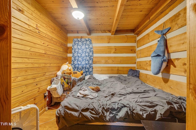 2390 W Allens Bridge Rd, Greeneville, TN 37743 - bedroom featuring wood walls, wooden ceiling, beamed ceiling, and wood finished floors