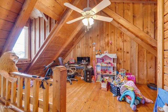 2390 W Allens Bridge Rd, Greeneville, TN 37743 - home office featuring lofted ceiling, wooden walls, wood-type flooring, and a ceiling fan