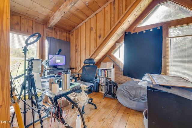 2390 W Allens Bridge Rd, Greeneville, TN 37743 - office area featuring wooden ceiling, wood-type flooring, and wooden walls
