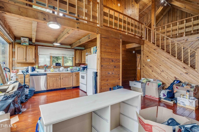 2390 W Allens Bridge Rd, Greeneville, TN 37743 - kitchen featuring white appliances, light wood-style floors, wooden ceiling, wooden walls, and light countertops