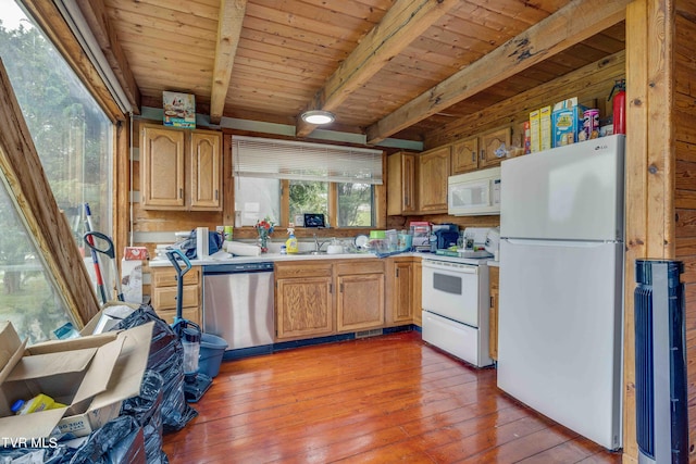 2390 W Allens Bridge Rd, Greeneville, TN 37743 - kitchen featuring white appliances, wood ceiling, light countertops, light wood-type flooring, and beam ceiling
