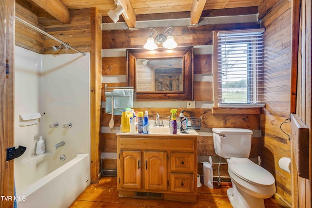2390 W Allens Bridge Rd, Greeneville, TN 37743 - full bath featuring wooden walls,  shower combination, wood-type flooring, beam ceiling, and toilet