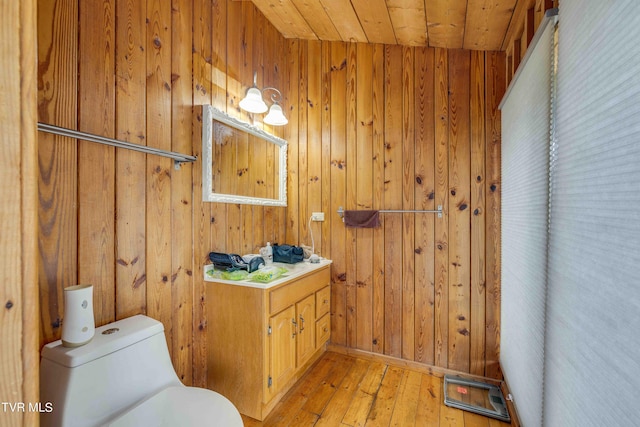 2390 W Allens Bridge Rd, Greeneville, TN 37743 - bathroom featuring toilet, hardwood / wood-style floors, wooden walls, vanity, and wooden ceiling