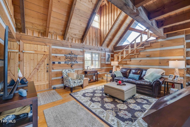 2390 W Allens Bridge Rd, Greeneville, TN 37743 - living area featuring wooden ceiling, wooden walls, stairs, and wood finished floors