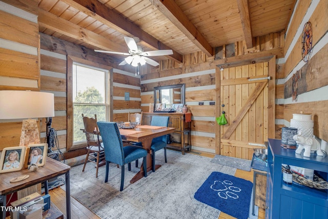2390 W Allens Bridge Rd, Greeneville, TN 37743 - dining room with wood walls, wood ceiling, beam ceiling, a ceiling fan, and hardwood / wood-style flooring